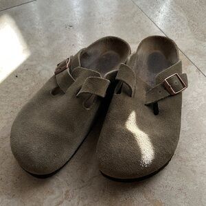 Birkenstock Taupe Suede Mules with Buckle